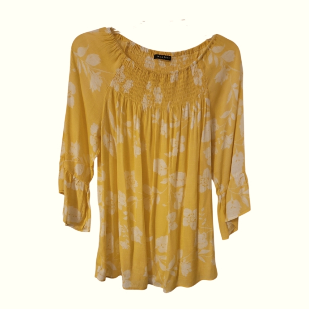Zac & Rachel Flowy Floral Yellow and White Blouse with 3/4 Sleeve; Size M